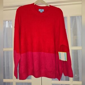 CeCe Red and Pink Crew Neck Sweater